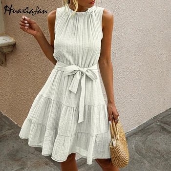 Huaxiafan ženy šaty šaty biele pevné, Elegantné šaty bez rukávov luk pás prehrabať krku letnú dovolenku mini šaty Vestidos