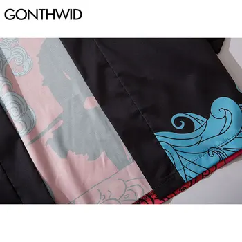 GONTHWID Japonský Samuraj Letiace Žeriavy Vytlačené Kimono Cardigan Košele Bundy Streetwear Hip Hop Bežné Otvoriť Predné Kabát Topy