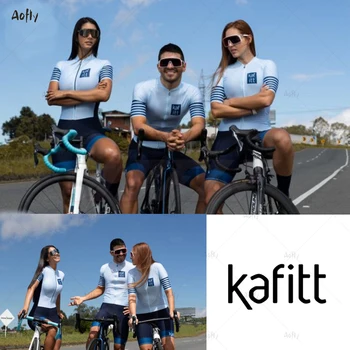 Kafitt Svetlo modrá Krátky Rukáv Pár cyklistické Triatlon vyhovovali Cyklistické Skinsuit nastaviť Maillot Ropa Ciclismo ženy jumpsuit nastaviť