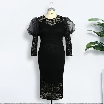 Malé Čierne Elegantné Šaty Vyšívané Čipky Strana Večer Ženy Plus Veľkosť 3xl 5xl Retro Lístkového Dlhý Rukáv Žena Jeseň Vestidos