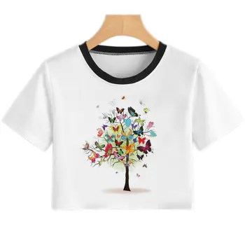 Farebný Motýľ Strom T Shirt Ženy Lete Bežné Plodín Top Tričko Harajuku kórejský Štýl Grafiky Módne Topy Krátke Žena T-shirt