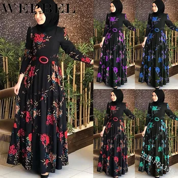 WEPBEL Ženy Šaty Moslimských Abaya Islamskej Celý Rukáv Kvetinový Kvet Bežné Móda Jeseň Volánikmi Dámy Dlho Maxi Šaty