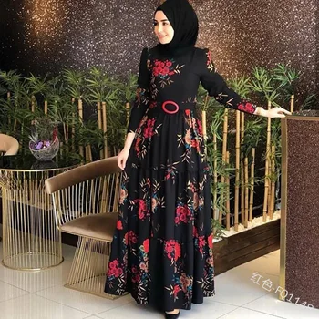 WEPBEL Ženy Šaty Moslimských Abaya Islamskej Celý Rukáv Kvetinový Kvet Bežné Móda Jeseň Volánikmi Dámy Dlho Maxi Šaty