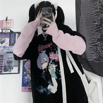 Japonsko Roztomilý Dlhý Rukáv Ženy Tshirts Harajuku Kawaii Sladké Dievča Tlač Femme Tričko Ružové kpop Estetické Nadrozmerné Oblečenie 4XL