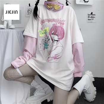 Japonsko Roztomilý Dlhý Rukáv Ženy Tshirts Harajuku Kawaii Sladké Dievča Tlač Femme Tričko Ružové kpop Estetické Nadrozmerné Oblečenie 4XL