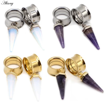 Alisouy 2ks Chirurgickej Ocele Opal Purple Stone Ucha, Plug Tunel Expander Ucho Meradlá Kužeľ Vnútorne Niť Piercing Body Šperky