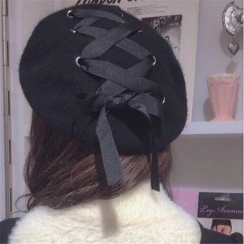 Lolita kawaii punk rok harajuku ročníka časopisu štýl krúžok pásky sťahovacie čela vlny klobúk ženy black berets