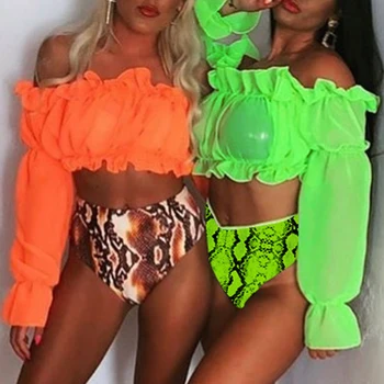 Mimo ramenný 2019 Neon Zelená Oka plavky Dlhý rukáv, plavky žena Vysoký pás plavky ženy Had tlač bikini nastaviť nové