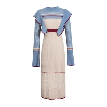 2020 zimné nový trend verzia strednej dĺžky OL temperament kontrast farieb pletené rozstrapatené tenký sveter šaty dámske oblečenie