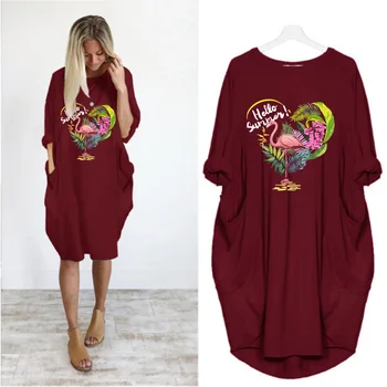 Nové 2020 Ženy Voľné Šaty Ružové Vtákov Tlač Dlhý Rukáv O Krk S Pocket Plus Veľkosť Bežné Žena Šaty Vintage Vestidos Rúcha