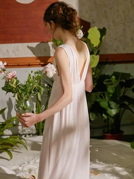 Letné Modálne Vnútorné Ročníka Bez Rukávov Sleepwear Elegantné Ženy Princezná Biela Gázy Čipky Dlho Nightgowns Voľné Kráľovský Odev