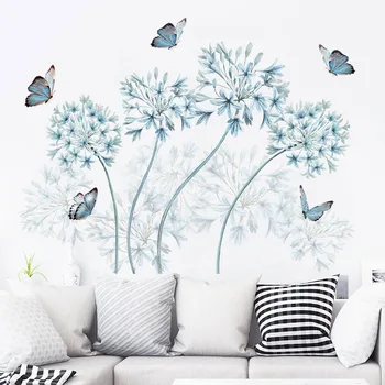 Samolepky na stenu Nové Kreatívne Modrý Kvet Lietajúci Motýľ Wall Art Odtlačkový Nálepky Tapety Odstrániteľné nástenná maľba PVC Domáce Dekorácie
