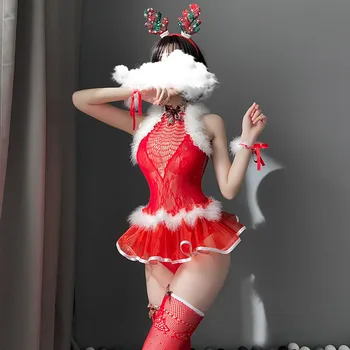 OJBK Vianočné Cosplay Kostýmy Duté von Oblečenie Pokušenie Elk hlavový most Sexy spodné Prádlo Pre Ženy Podprsenka Nastaviť Červená Sieťovina Kombinézu