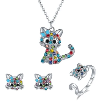 Módne farby mačiatko šperky set zirkón krúžok pre babygril deň detí cartoon zvierat mačka šperky set darček módne šperky