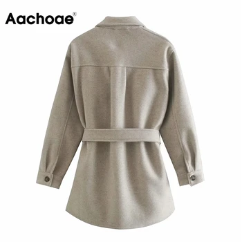 Aachoae Jeseň Zima Ženy Elegantné Vlnené Kabáty S Pásom 2020 Pevné Dlhý Rukáv Vrecká Vrchné Oblečenie Zase Dole Golier Elegantný Kabát