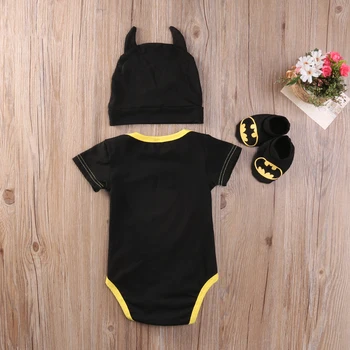 3ks Novorodenca Chlapec Dievča Jumpsuit Batoľa Detský Oblečenie Batman Remienky+Topánky+Klobúk Kostýmy Oblečenie Set