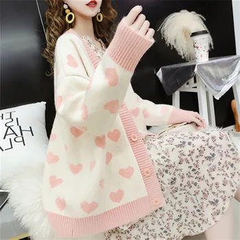 2020 Jeseň Ružová Hrubé Loverly Sveter Kabát Voľné Bežné Kórejský Módne Cardigan Svetre Ženy Zimné Svetre Lady Oblečenie