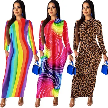 Echoine Módne Leopard Rainbow Tlače Šaty s Dlhým Rukávom O-krku Dlhé Šaty Žien Strany Noc Šaty Elegantné Vestidos Plus Veľkosť 2xl
