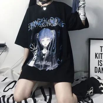 InsGoth Harajuku Čierna T-shirts Goth Y2K O Krk Tlač Nadrozmerné T Shirt Punk Streetwear Grunge Krátkym Rukávom Letné Dlhé Topy