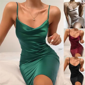 Ruched Klub Saténové Šaty, Sexy Letné Šaty 2021 Ženy Špagety Popruhy Bodycon Šaty Slim Úsek Multi Nosenie Vestidos Nové