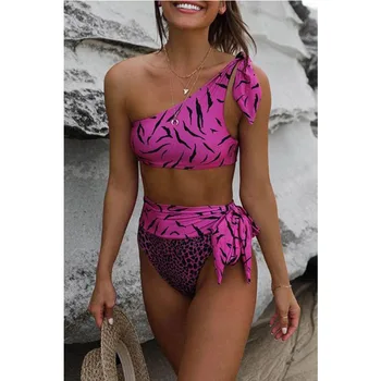Jeden ramenný plavky ženy 2020 bikini leopardo Vysoký pás letné kúpanie nosenie, plavky push up plavky maio feminino praia