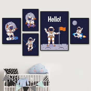 Cartoon Planéty Rocket Astronaut Skateboard Wall Art Plátno Na Maľovanie Nordic Plagáty A Vytlačí Na Stenu Obrázky Chlapec Detská Izba Decor