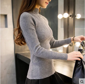2021 Jar Jeseň Slim Turtleneck Pletený Rebrovaný vytiahnuť Sveter Košele Top Femme kórejskej Ženy Dlhý Rukáv teplý pulóver oblečenie