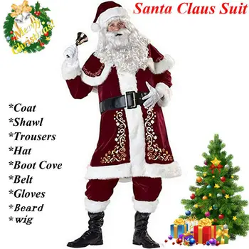 Dospelých Zimné Nový Vianočný Kostým 9Pcs Velvet Deluxe Santa Claus Otec Cosplay Vyhovovali Maškarný Celý Set Vianočné Sety