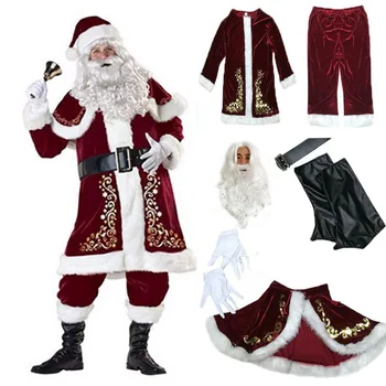 Dospelých Zimné Nový Vianočný Kostým 9Pcs Velvet Deluxe Santa Claus Otec Cosplay Vyhovovali Maškarný Celý Set Vianočné Sety