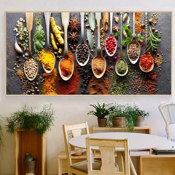 Kuchyňa Tematické Nástenné Art Decor Farebné Korenie a Lyžicu V Tabuľke Plátne Obrazy Potravín Varenia Ingrediencie Plátno Art Print Dekor