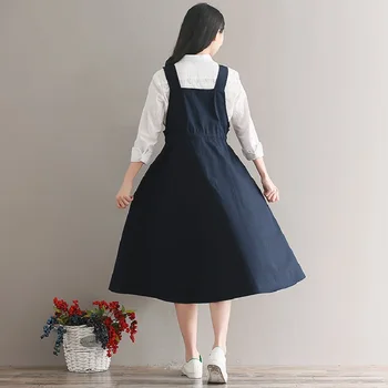 2019 Leto, Jeseň Ženy Bez Rukávov Vintage Šaty Námornícka Modrá Bavlnená Posteľná Bielizeň Príležitostné Voľné Vestidos Špagety Popruh Ženské Šaty