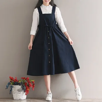 2019 Leto, Jeseň Ženy Bez Rukávov Vintage Šaty Námornícka Modrá Bavlnená Posteľná Bielizeň Príležitostné Voľné Vestidos Špagety Popruh Ženské Šaty