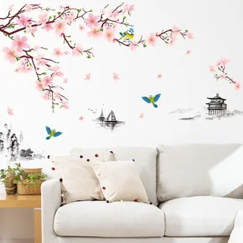 240*150 cm Čínsky Štýl, Ružová Peach Blossom Samolepky na Stenu Veľké Vinylové Umenie Obtlačky Spálne, Obývacia Izba Dekor nástenné Maľby