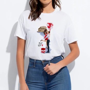 Móde, Estetické Ženy T-shirts Nové 2020 Leto, jeseň pani Tlač Voľné T-shirt Dievčatá Študent Streetwear Bežné Lady Tees Tričko