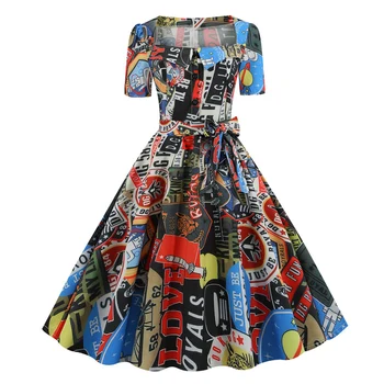 2020 Námestie Krku Tlačidlo Dopredu Multicolor tie Dye Vintage Šaty s Pásom 50. rokov 60-tych rokov, Ženy Elegantné Party Rockabilly Pin up Šaty