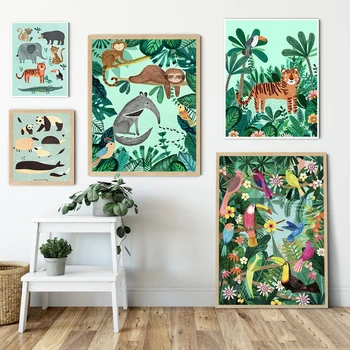 Tiger Panda Leopard Papagáj Jungle Nordic Plagáty a Tlačí na Steny Umelecké Plátno na Maľovanie obrazov na Stenu pre Obývacia Izba Domova