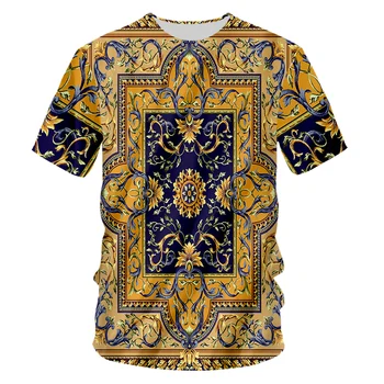 UJWI Mužov Značky Zlatý Kvet T-shirt Lete 3D Blue Print T-Shirt Homme Krátky Rukáv Luxusné Royal Barokový Mužov Šaty, Topy