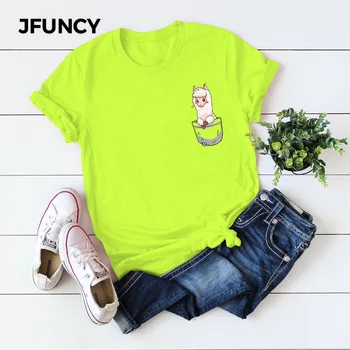 JFUNCY Cartoon Vrecku Print Plus Veľkosť Ženy Voľné Tričká Topy Bavlna Letné Košele Žena T-Shirt Módne Žena Bežné Tričko