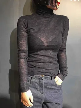Jeseň 2020 nové vysoký krk dlhý rukáv T-shirt dámske tenké elastické priadza top sexy micro priehľadné dno top tenký
