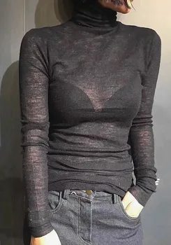 Jeseň 2020 nové vysoký krk dlhý rukáv T-shirt dámske tenké elastické priadza top sexy micro priehľadné dno top tenký