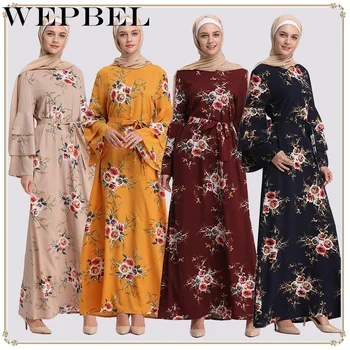 Wepbel Moslimské Oblečenie Kvetinový Tlač Na Blízkom Východe Tureckej Župan Dlhý Rukáv Arabských Abaya Vysoký Pás Ramadánu Islamskej Clohting Kimono
