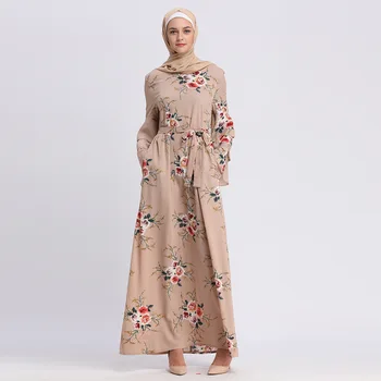 Wepbel Moslimské Oblečenie Kvetinový Tlač Na Blízkom Východe Tureckej Župan Dlhý Rukáv Arabských Abaya Vysoký Pás Ramadánu Islamskej Clohting Kimono