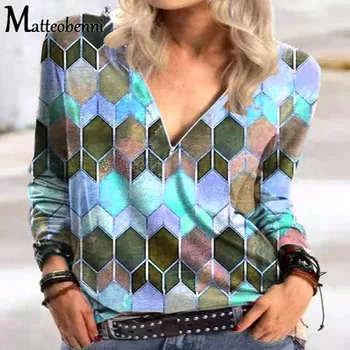 Ženy Geometrie Print T Shirt Nové Jarné Bežné tvaru Zips Voľné Dlhý Rukáv Topy 5XL Plus Veľkosť Ulici Lumbálna Ženský Čaj 2021