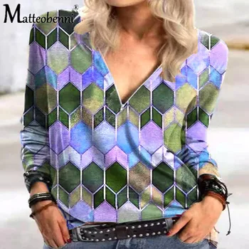 Ženy Geometrie Print T Shirt Nové Jarné Bežné tvaru Zips Voľné Dlhý Rukáv Topy 5XL Plus Veľkosť Ulici Lumbálna Ženský Čaj 2021