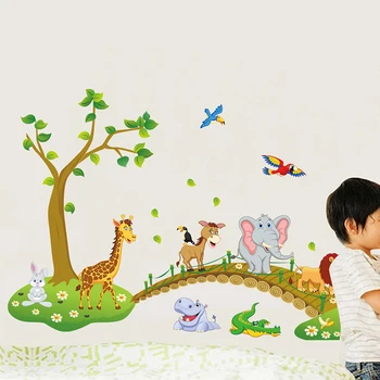 3D animovaný Jungle voľne Žijúcich Zvierat Strom Most Lev, Žirafa, Slon Vtáky, Kvety Samolepky na Stenu Pre Deti Izba Obývacia Izba Domova
