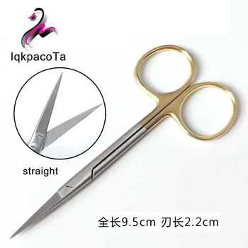 9.5 cm Zlato rukoväť z nerezovej ocele nožnice rovné poukázal zakrivené chirurgické šijacie nožnice dvojité viečka nožnice