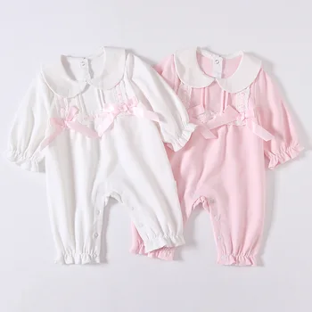 Baby Dievčatá Remienky Peter Pan Golier Dieťa Novorodenec Bavlnené Oblečenie Jumpsuit Pre 0-2Y Batoľatá Bebe Oblečenie s 2 Luky pink white