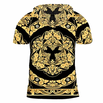 IFPD EU/US Veľkosť Módne Mužov Golden Flower 3D Tlač s Kapucňou T-shirts Lete Homme Krátky Rukáv Luxusné Royal Barokový pánske Oblečenie