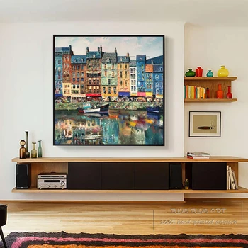Pop Výtvarné Umenie Ručne maľované Abstraktné Budovy, olejomaľba na Plátne Impresionistického City Building a Jazero Krajiny olejomaľba