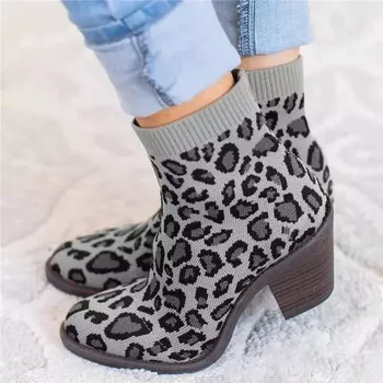 Dámske Členkové Boot Pletené Leopard Žena, Ponožky, Topánky Móda Jeseň Žena Blok Robustný Podpätky Pohodlné Dámske Botas Mujer